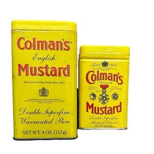 2 Vintage Empty COLMAN'S Yellow Mustard Tins Dated 3.25" & 4.5" Tall